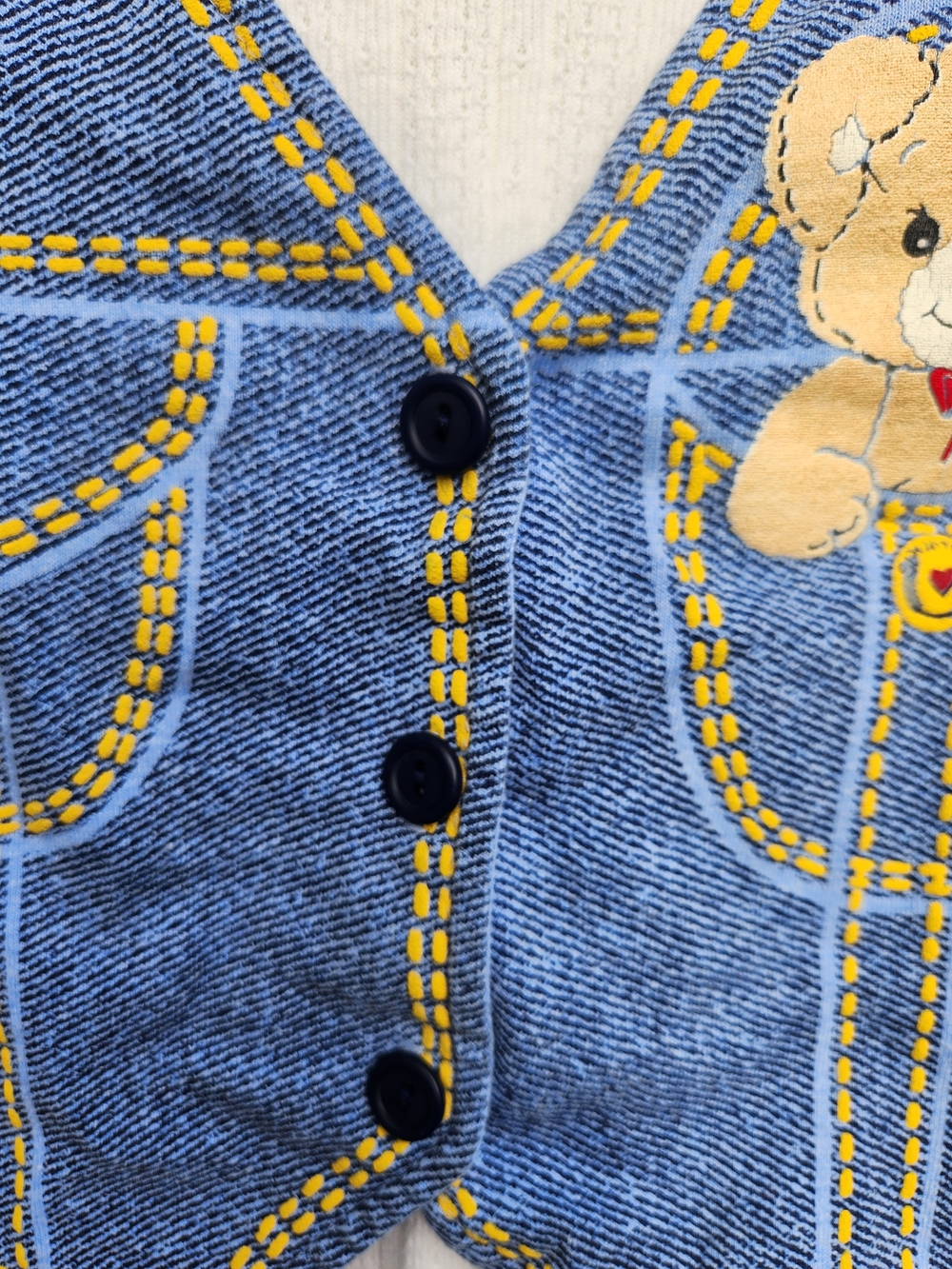 Kids RARE Cream Long-Sleeve Top with Blue Faux-Denim Vest and Bear Detail - Picture 10 of 12